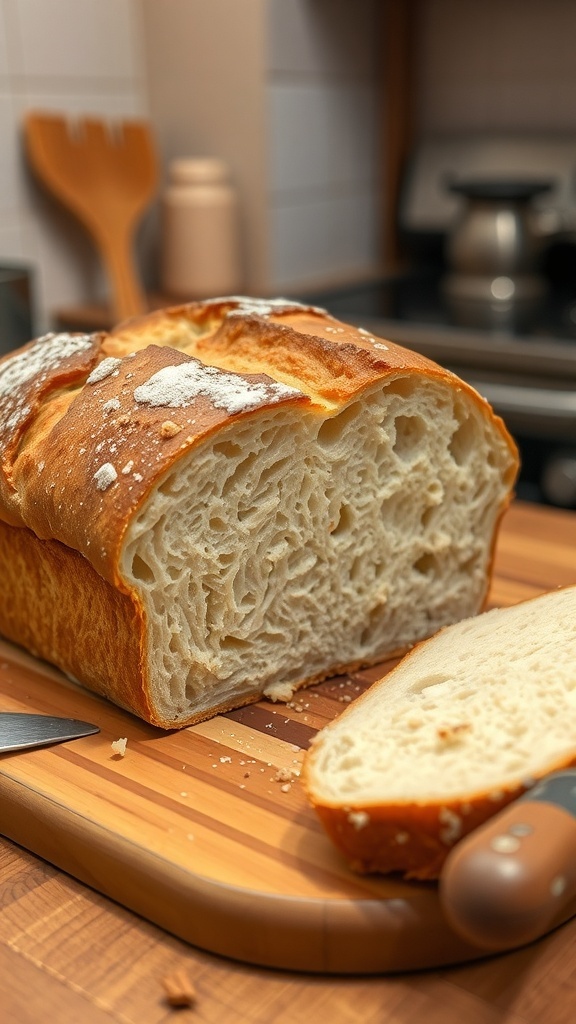 Homemade Crusty Bread Recipe A loaf of crusty bread sliced to show its fluffy interior, on a wooden board with crumbs.